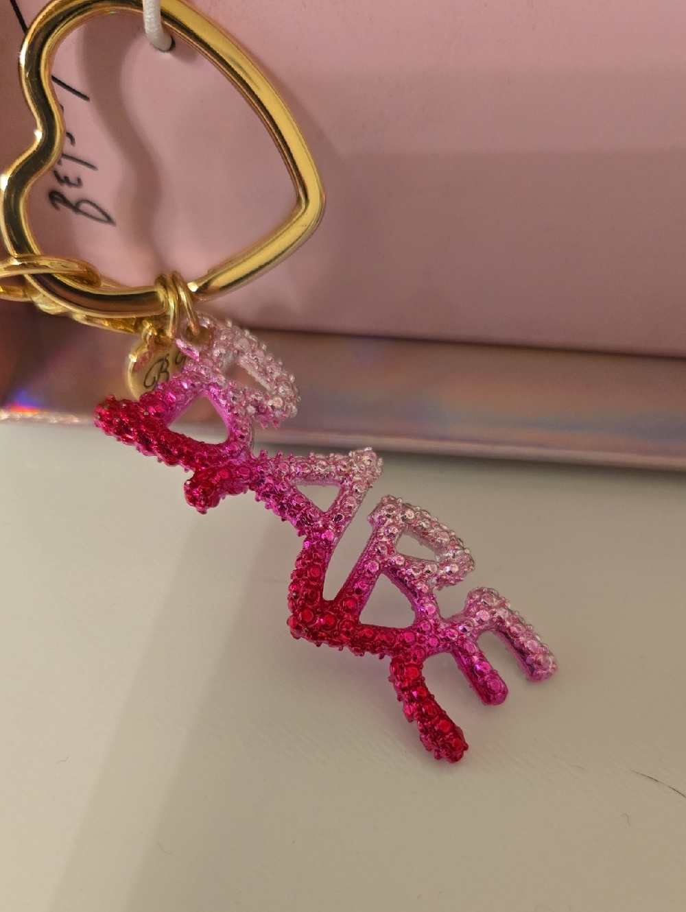 Betsey Johnson Gold-Tone Keyring with Pink Ombre Glitter Charm New - Picture 3 of 3